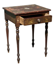 Load image into Gallery viewer, 19th C Antique New England Sheraton Chinoiserie Painted Work Table / Nightstand