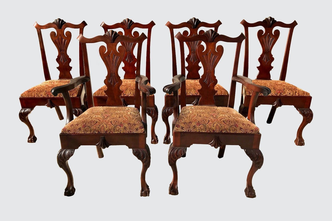 RARE & UNUSUAL ANTIQUE SET OF SIX CHIPPENDALE MAHOGANY DINING BALL & CLAW CHAIRS