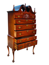 Load image into Gallery viewer, 20TH C CHIPPENDALE ANTIQUE STYLE MAHOGANY BONNET TOP HIGHBOY DRESSER / CHEST