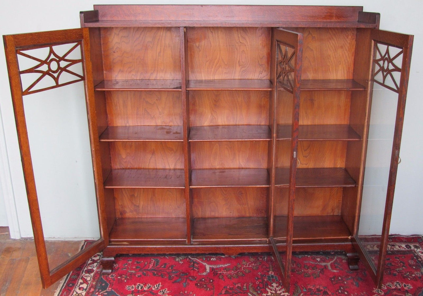 FINE TRIPLE DOOR VICTORIAN OAK BOOKCASE WITH FRET WORKED DOORS-EXTRA CLEAN COND.