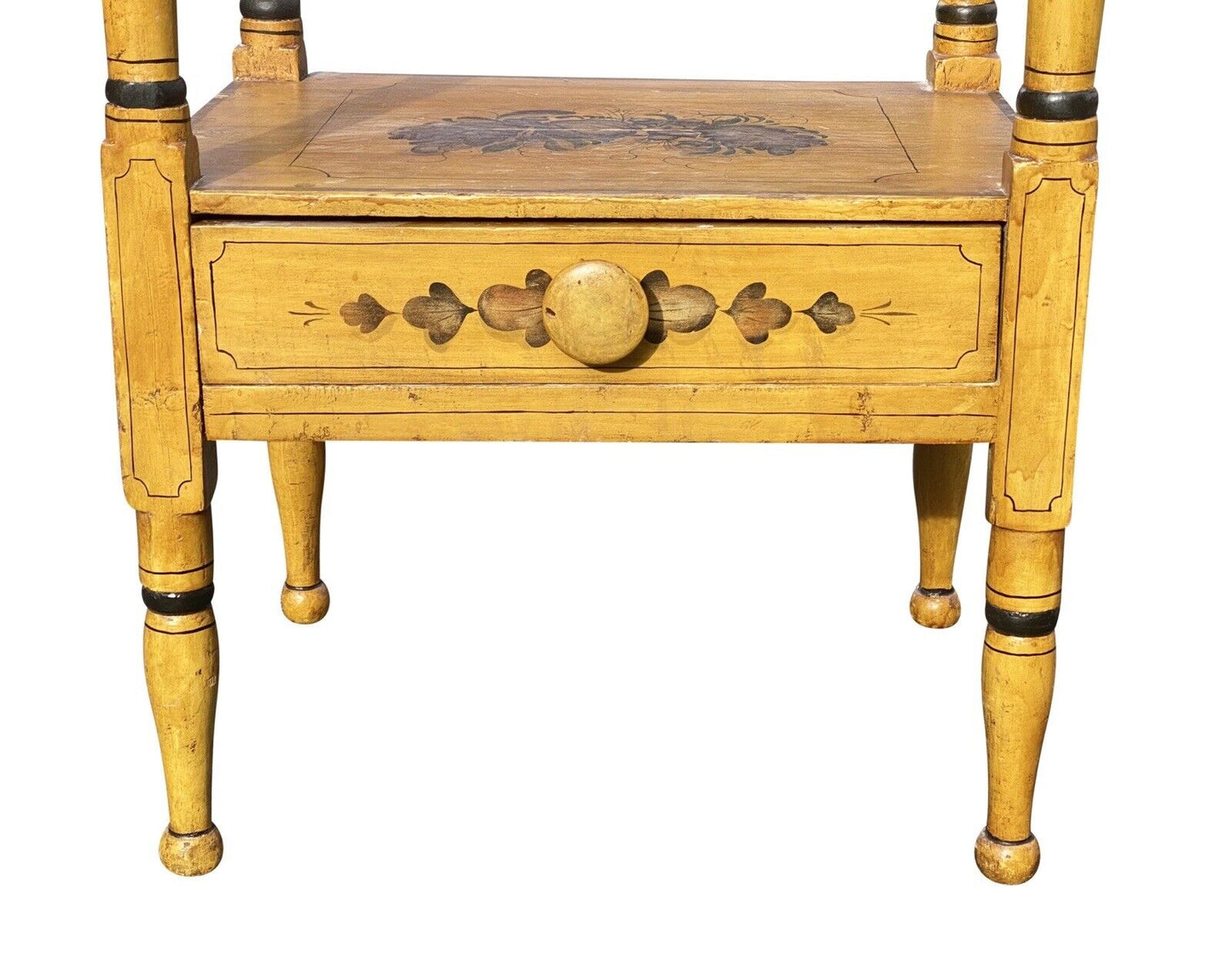 19th C Antique Sheraton Yellow Fancy Paint Washstand With Drawer