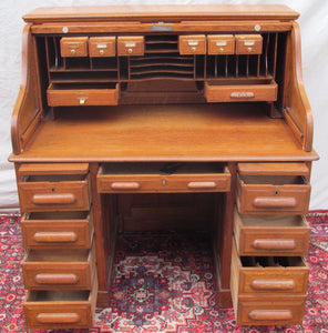 EXCELLENT VICTORIAN SOLID TIGER RAISED PANELED OAK S ROLL TOP DESK-TOP QUALITY!