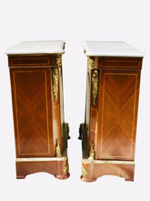 Load image into Gallery viewer, 20TH C FRENCH NAPOLEON III ANTIQUE STYLE PAIR OF MARBLE TOP CONSOLES / CABINETS