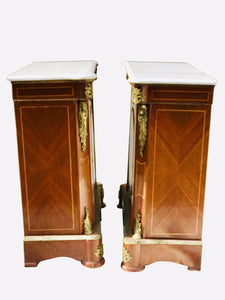 20TH C FRENCH NAPOLEON III ANTIQUE STYLE PAIR OF MARBLE TOP CONSOLES / CABINETS