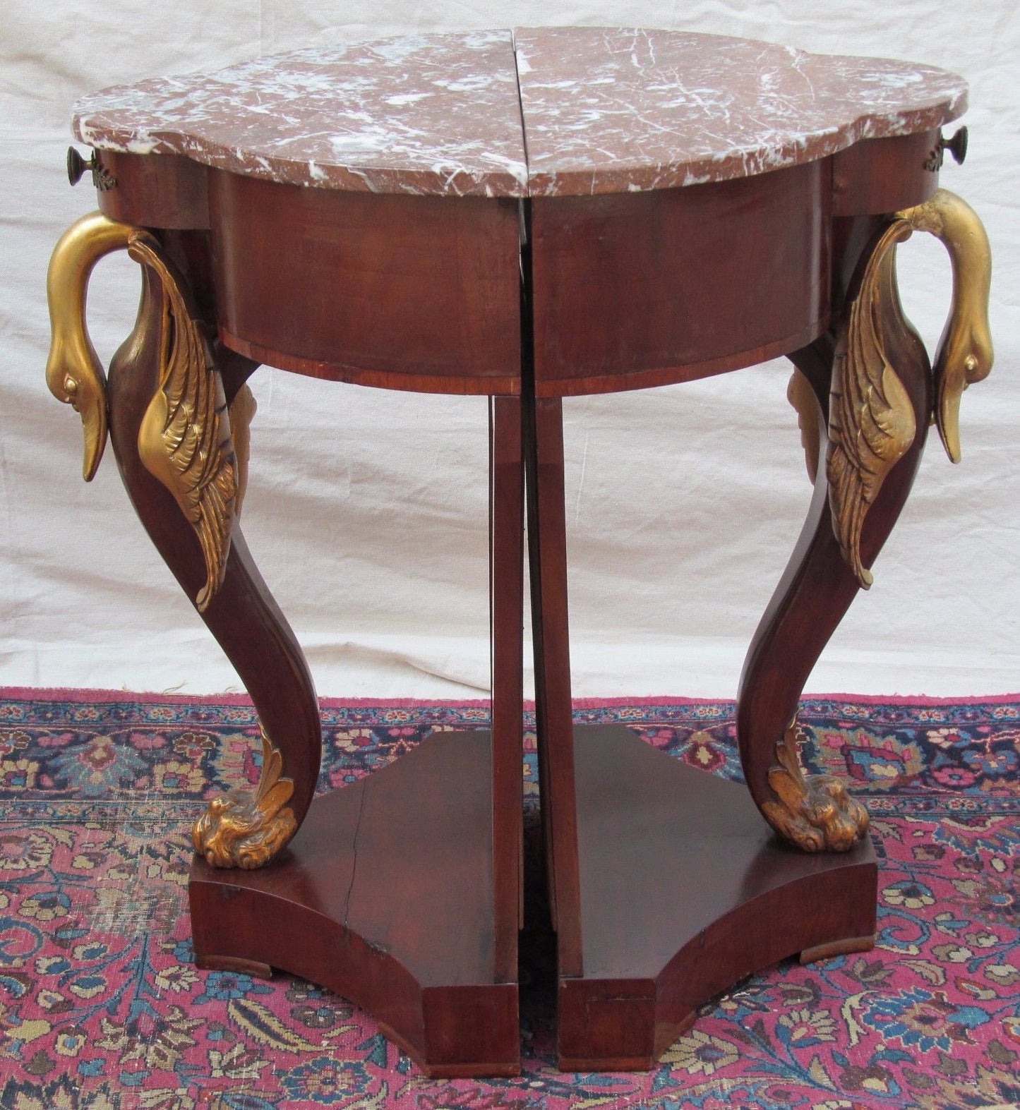 PAIR OF FRENCH NAPOLEONIC STYLED MARBLE TOP NIGHTSTANDS WITH GOLD FIGURAL SWANS