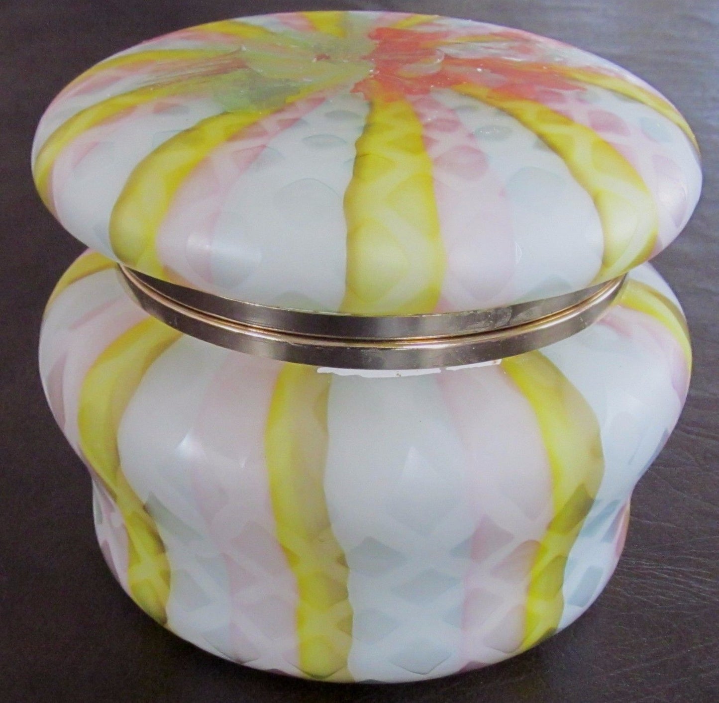 SANDWICH SATIN GLASS TRINKET BOX WITH COLORFUL SWIRLED PATTERNS