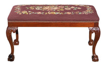 Load image into Gallery viewer, 20TH C CHIPPENDALE ANTIQUE STYLE MAHOGANY VANITY BENCH W/ NEEDLEPOINT SEAT