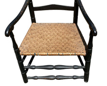 Load image into Gallery viewer, 18TH C ANTIQUE QUEEN ANNE NEW ENGLAND LADDER BACK ARM CHAIR W/ SPLINT SEAT