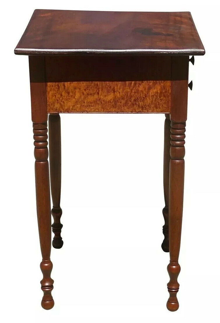 19TH C ANTIQUE SHERATON CHERRY & BIRDS EYE MAPLE WORK TABLE / NIGHTSTAND