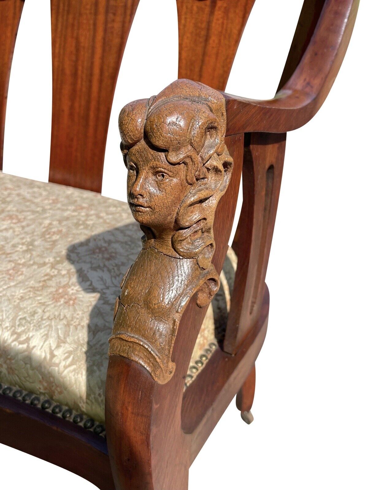 Antique Art Nouveau Mahogany Settee With Figural Carvings Attributed Rj Horner