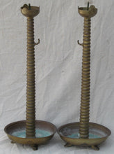 Load image into Gallery viewer, 27&quot; TALL  MONUMENTAL ARTS &amp; CRAFTS BRASS ANTIQUE CANDLESTICKS WITH FOOTED BASES