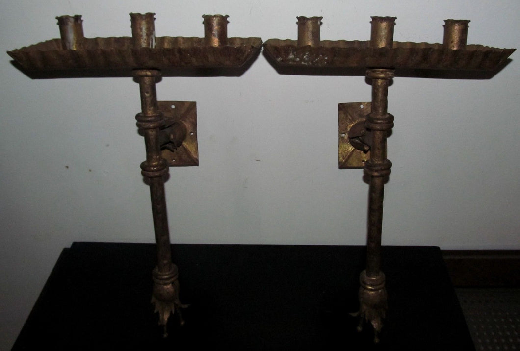 PAIR OF ANTIQUE CONTINENTAL GILT METAL GOTHIC STYLE WALL SCONCES
