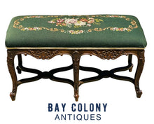 Load image into Gallery viewer, 19TH C ANTIQUE FRENCH WALNUT WINDOW / VANITY BENCH W/ FLORAL NEEDLEPOINT SEAT