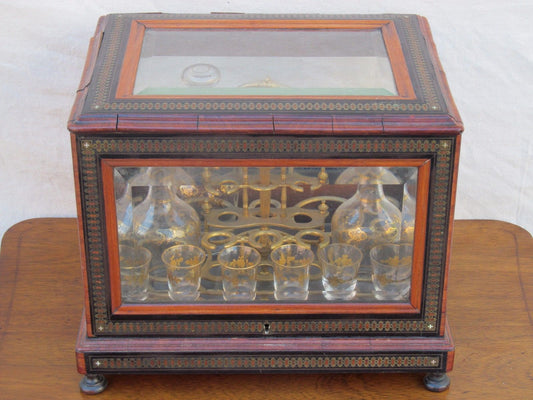 ANTIQUE DECORATED LIQUOR TANTALUS WITH BRASS & ROSEWOOD INLAYS