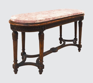 FRENCH STYLED CARVED OAK MARBLE TOPPED WINDOW BENCH TABLE