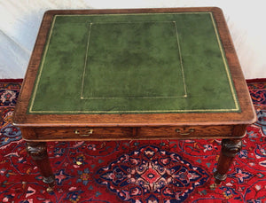 VICTORIAN OAK GOTHIC STYLE PARTNER'S DESK - OUTSTANDING GREEN LEATHER TOP