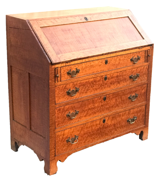 18TH C. CHIPPENDALE TIGER MAPLE & BIRDS EYE MAPLE SLANT LID SECRETARY DESK