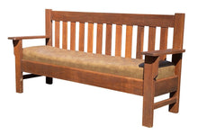 Load image into Gallery viewer, 20TH C ANTIQUE ARTS &amp; CRAFTS / MISSION OAK BENCH ~ 6.5 FEET WIDE