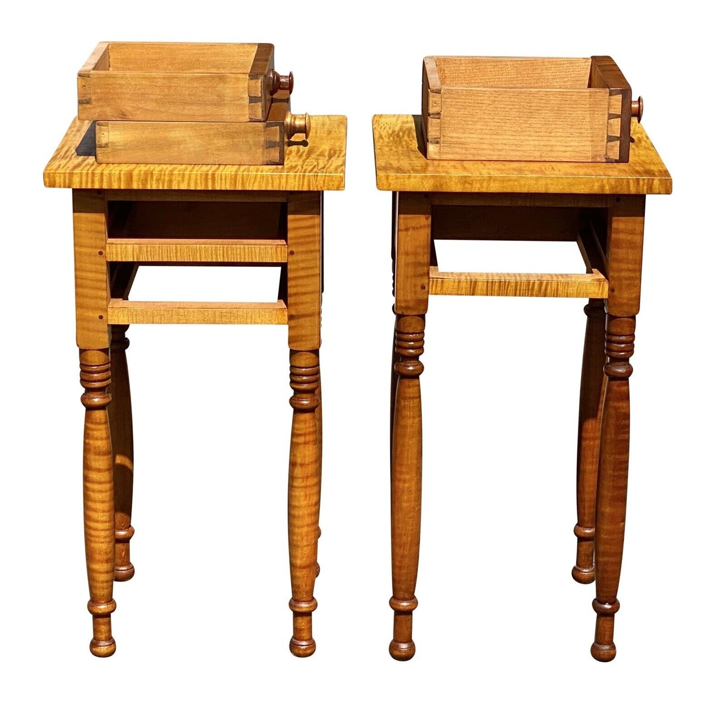 20th C Vintage Pair of Tiger Maple Nightstands / End Tables