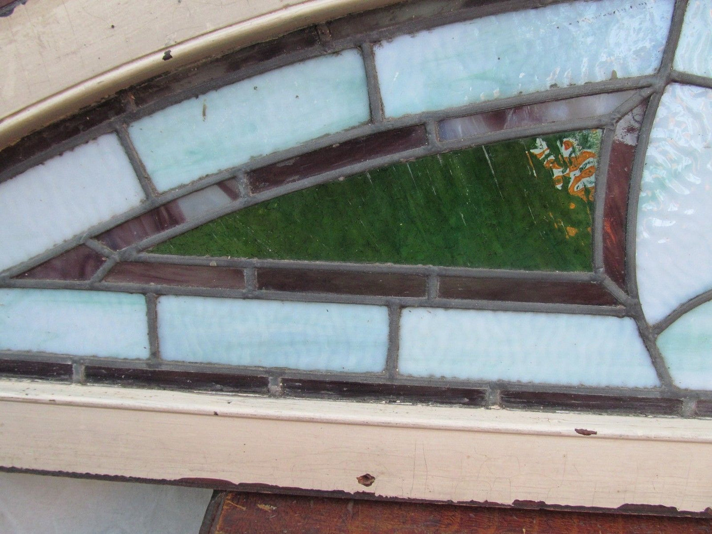 ANTIQUE JUDAIC ARCHITECTURAL STAINED GLASS TRANSOM WINDOW IN FRAME - 80" LONG