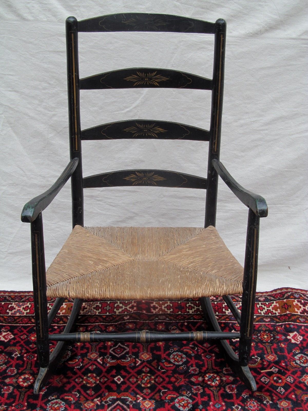 18th CENTURY QUEEN ANNE PERIOD ROCKING ARM CHAIR IN ORIGINAL BLACK PAINT