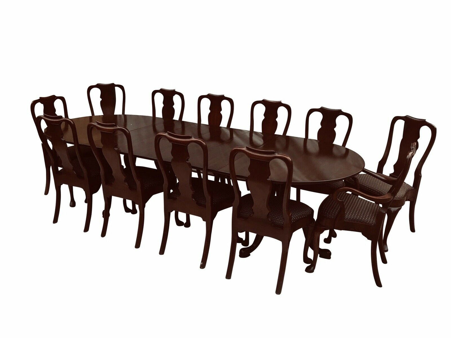 20TH C HENKEL HARRIS MAHOGANY DOUBLE PEDESTAL DINING SET ~~ TABLE & 12 CHAIRS