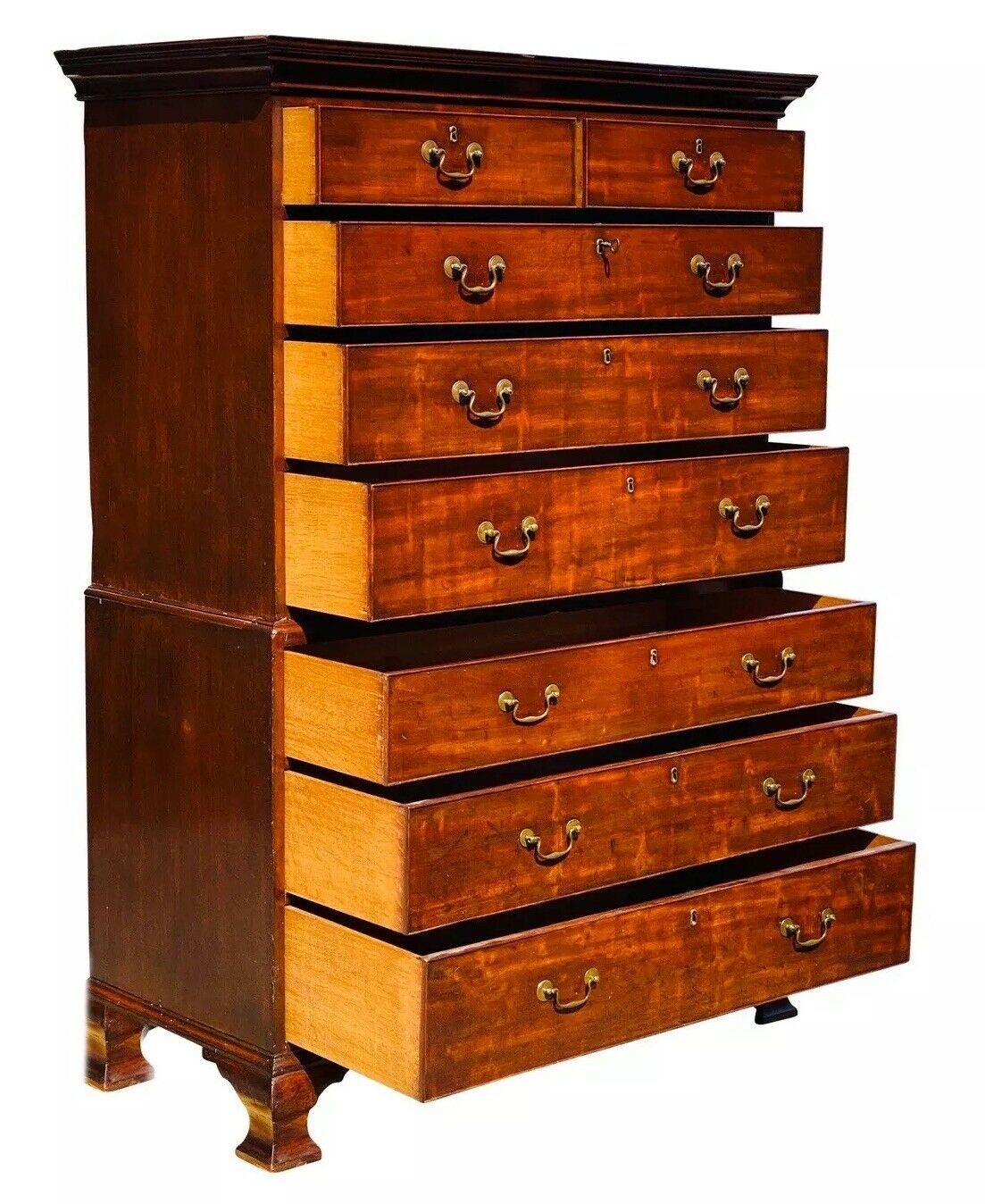 18TH C ANTIQUE ENGLISH GEORGE III CHIPPENDALE MAHOGANY CHEST ON CHEST / DRESSER