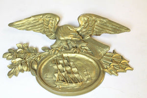 NAUTICAL LARGE PAIR OF GOLD GILT EAGLES OVER CLIPPERSHIP PLAQUES MERCANTILE