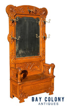 Load image into Gallery viewer, 19TH C ANTIQUE VICTORIAN TIGER OAK MIRRORED HALL TREE / LIFT TOP BENCH