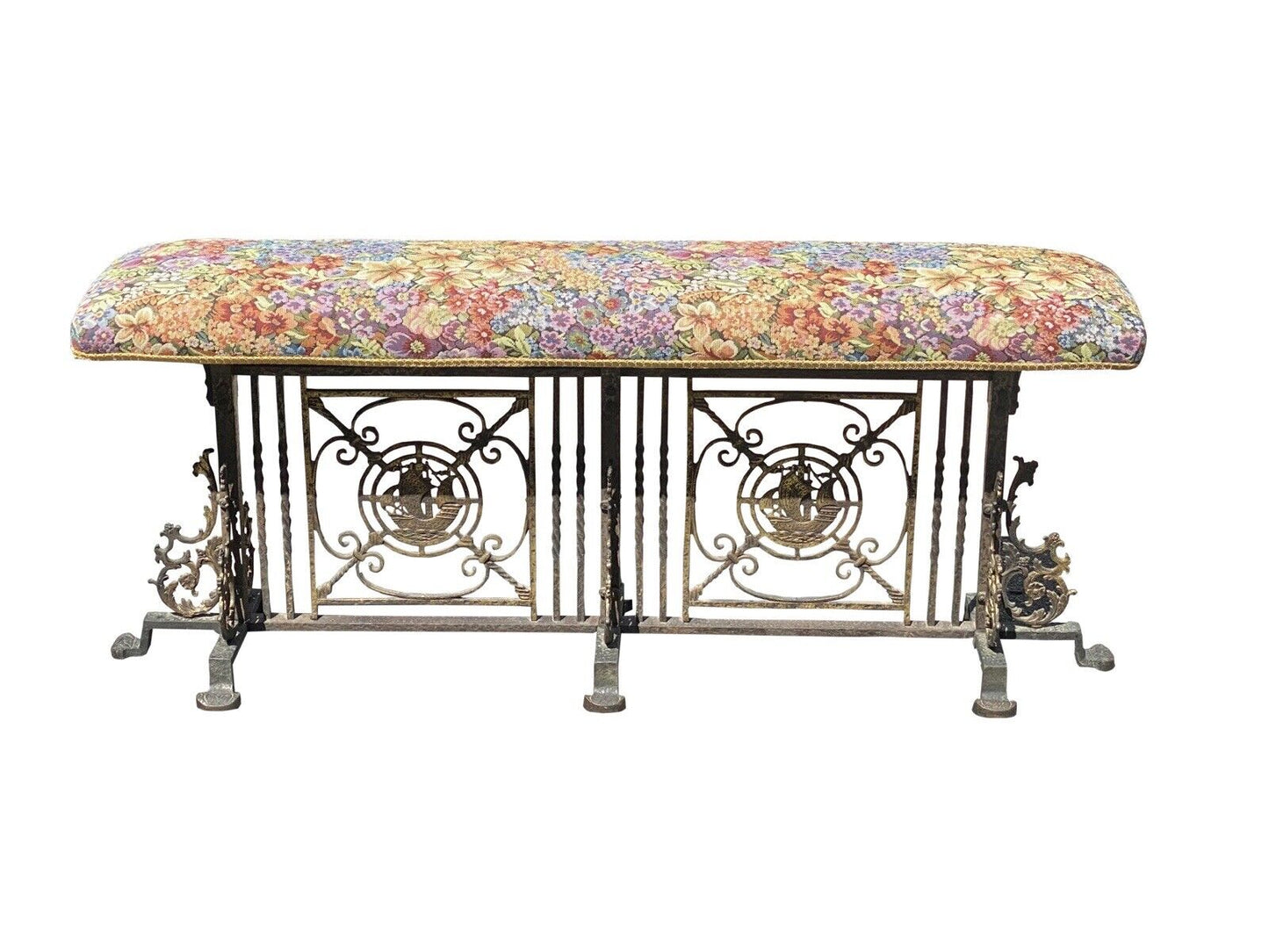 Arts & Crafts Wrought Iron & Bronze Window Bench With Nautical Ships- Oscar Bach