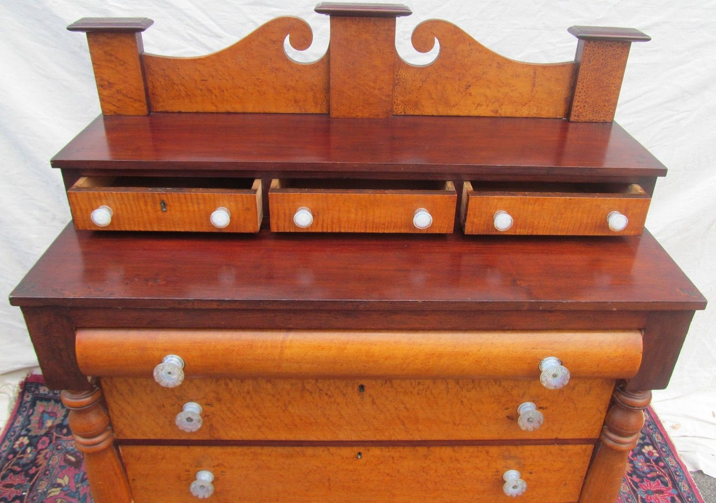 SHERATON BIRD'S EYE MAPLE & MAHOGANY CHEST OF DRAWERS WITH SANDWICH GLASS KNOBS