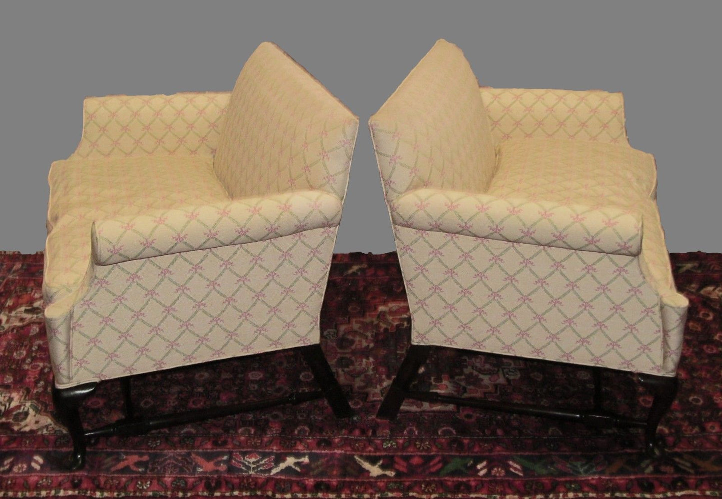 PAIR-QUEEN ANNE STYLED SETTEES ON FINELY FORMED STRETCHER BASES & PAD FEET