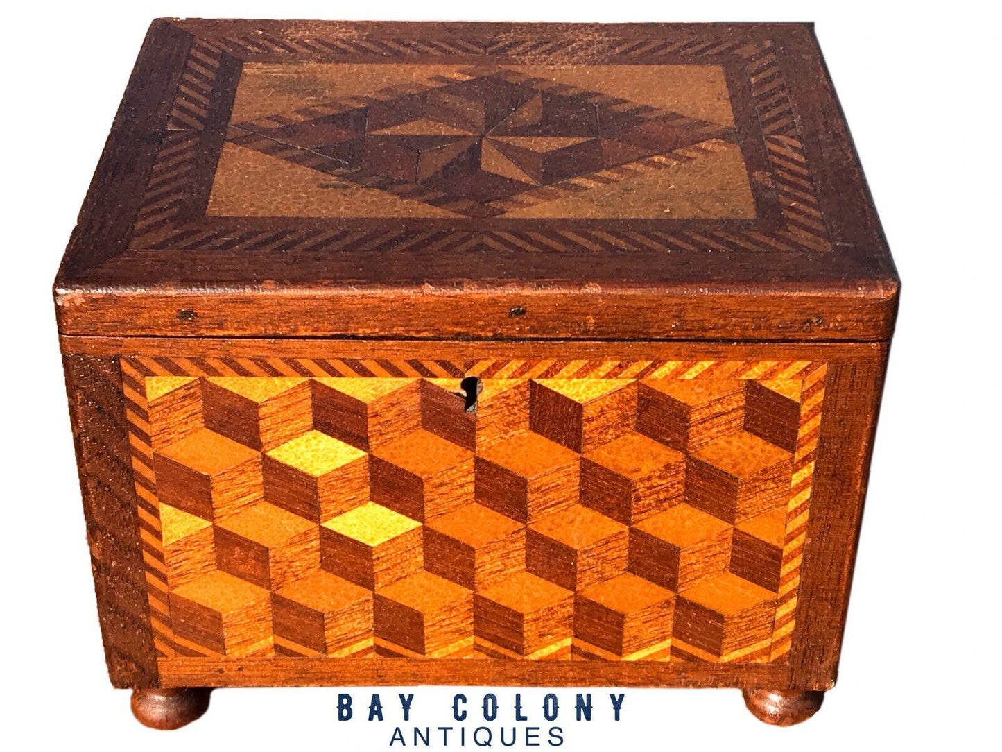 19TH C ANTIQUE PARQUETRY INLAY TEA CADDY / JEWELRY BOX ~ IMPRESSIVE