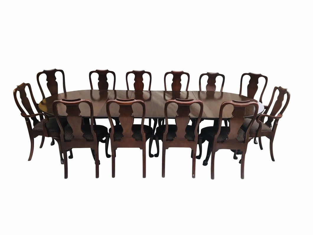 20TH C HENKEL HARRIS MAHOGANY DOUBLE PEDESTAL DINING SET ~~ TABLE & 12 CHAIRS