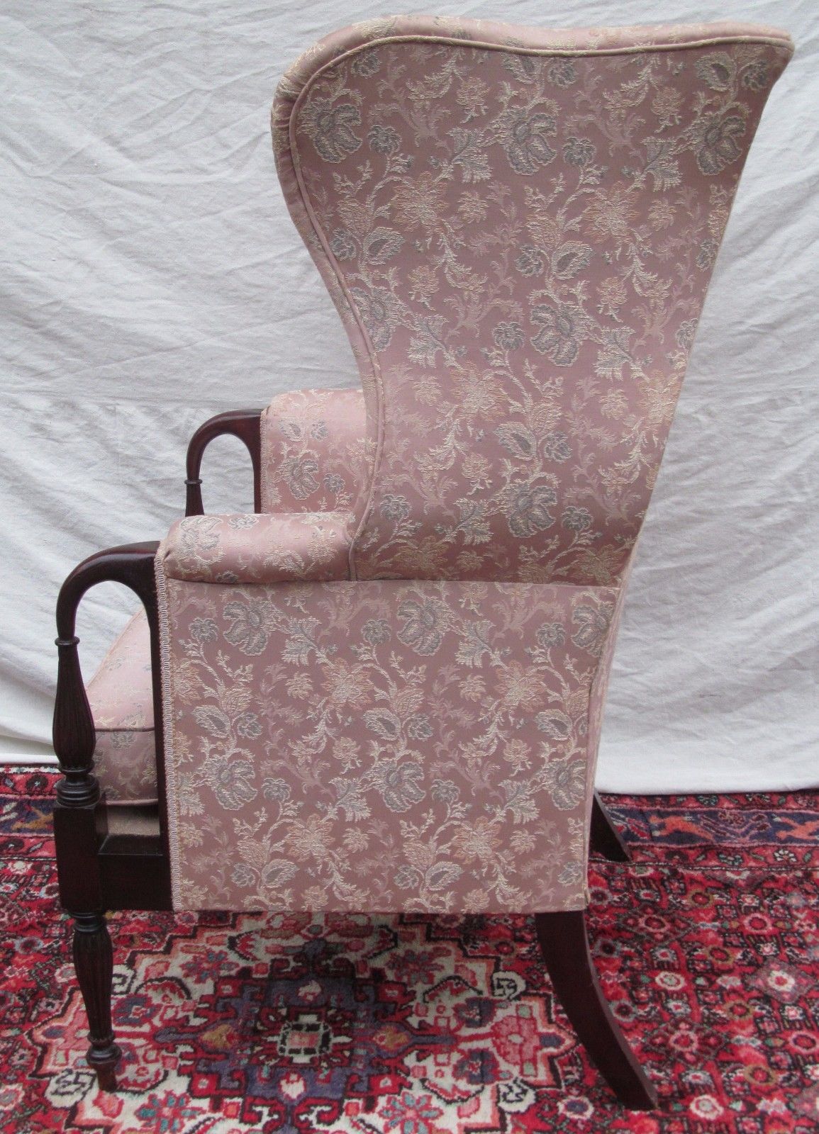 CHIPPENDALE STYLED WINGBACK CHAIR WITH RARE INLAID PANELS & FORMED CARVED ARMS