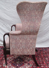 Load image into Gallery viewer, CHIPPENDALE STYLED WINGBACK CHAIR WITH RARE INLAID PANELS &amp; FORMED CARVED ARMS