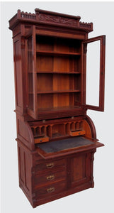 EXCELLENT VICTORIAN BLACK WALNUT CYLINDER ROLL TOP SECRETARY DESK