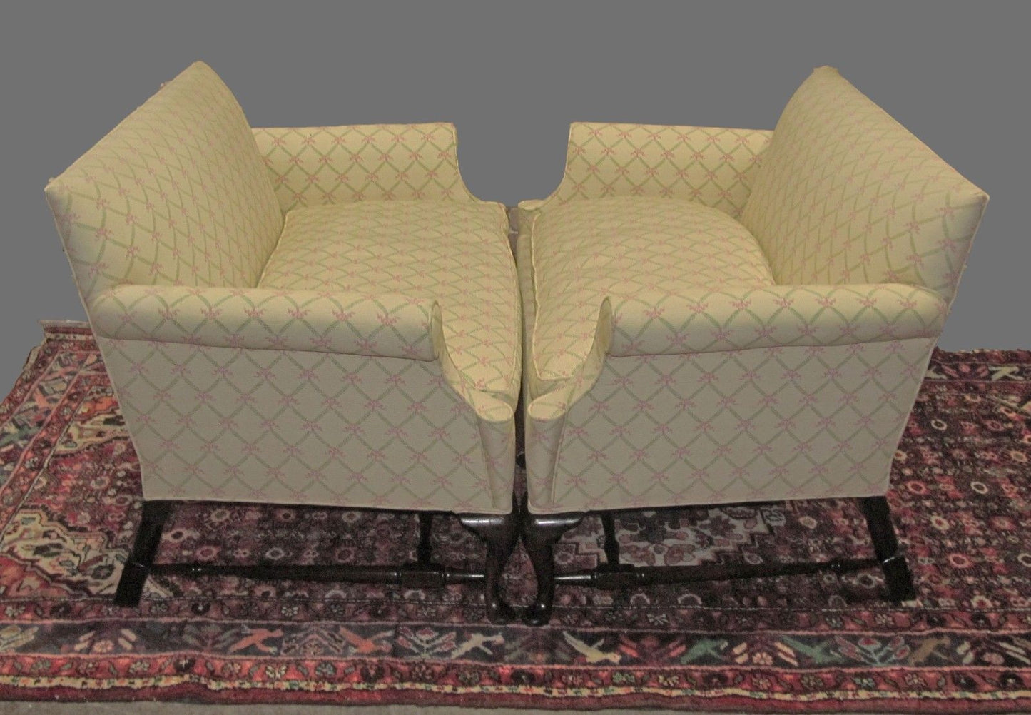 PAIR-QUEEN ANNE STYLED SETTEES ON FINELY FORMED STRETCHER BASES & PAD FEET