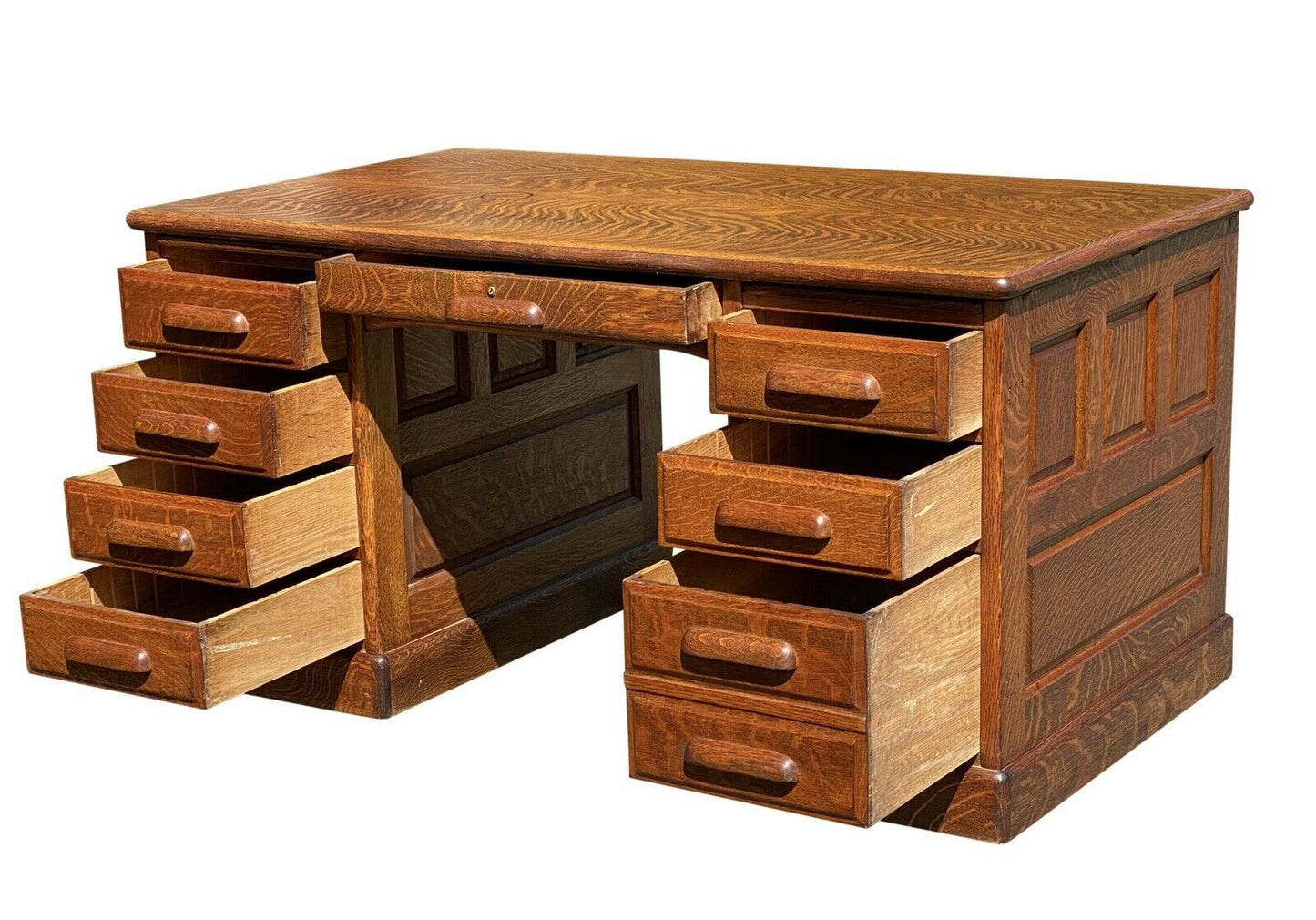 19TH C ANTIQUE VICTORIAN DOUBLE BANK 5 FOOT TIGER OAK OFFICE DESK