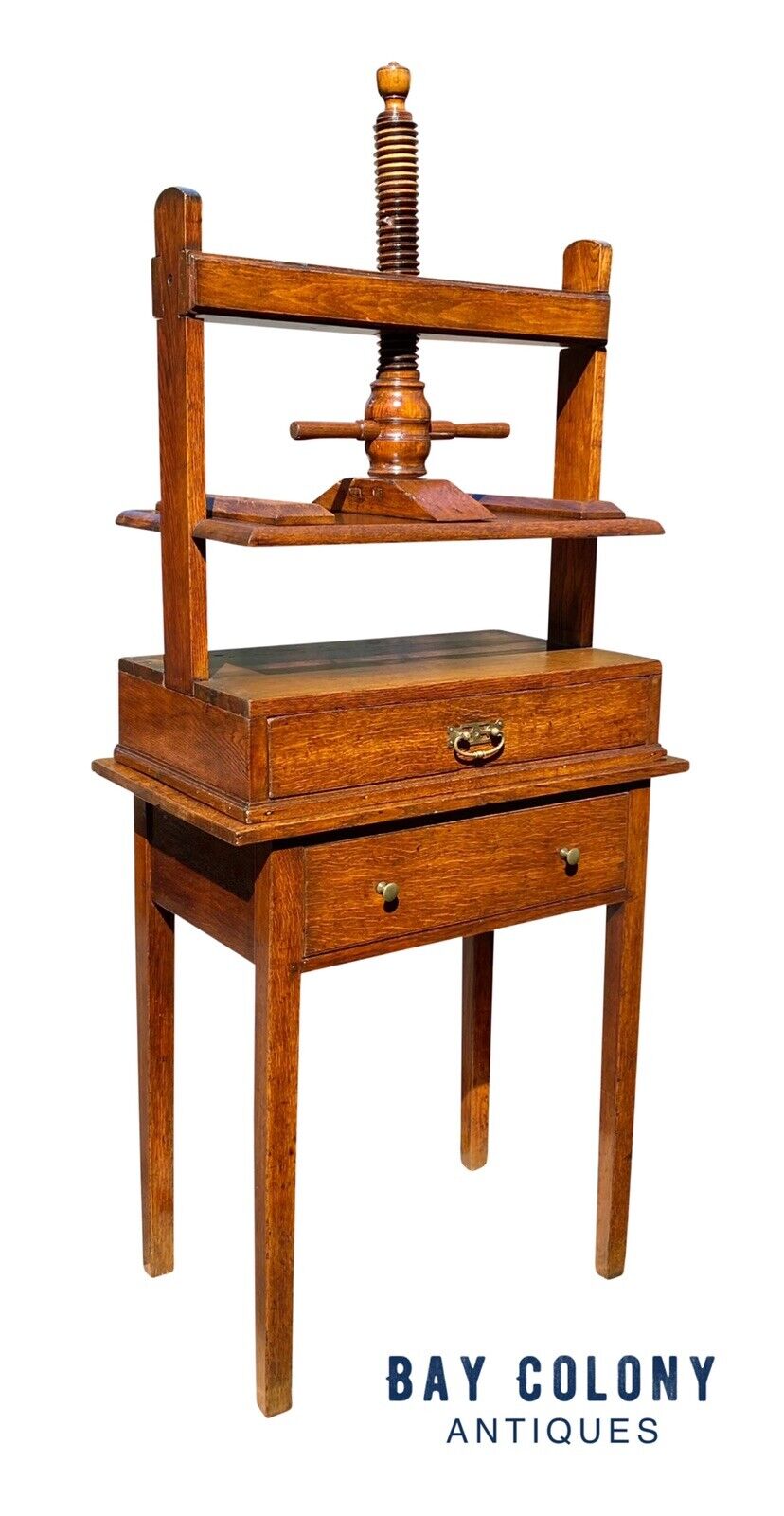 18th C Antique English Tiger Oak Book Press on Stand With 2 Drawers