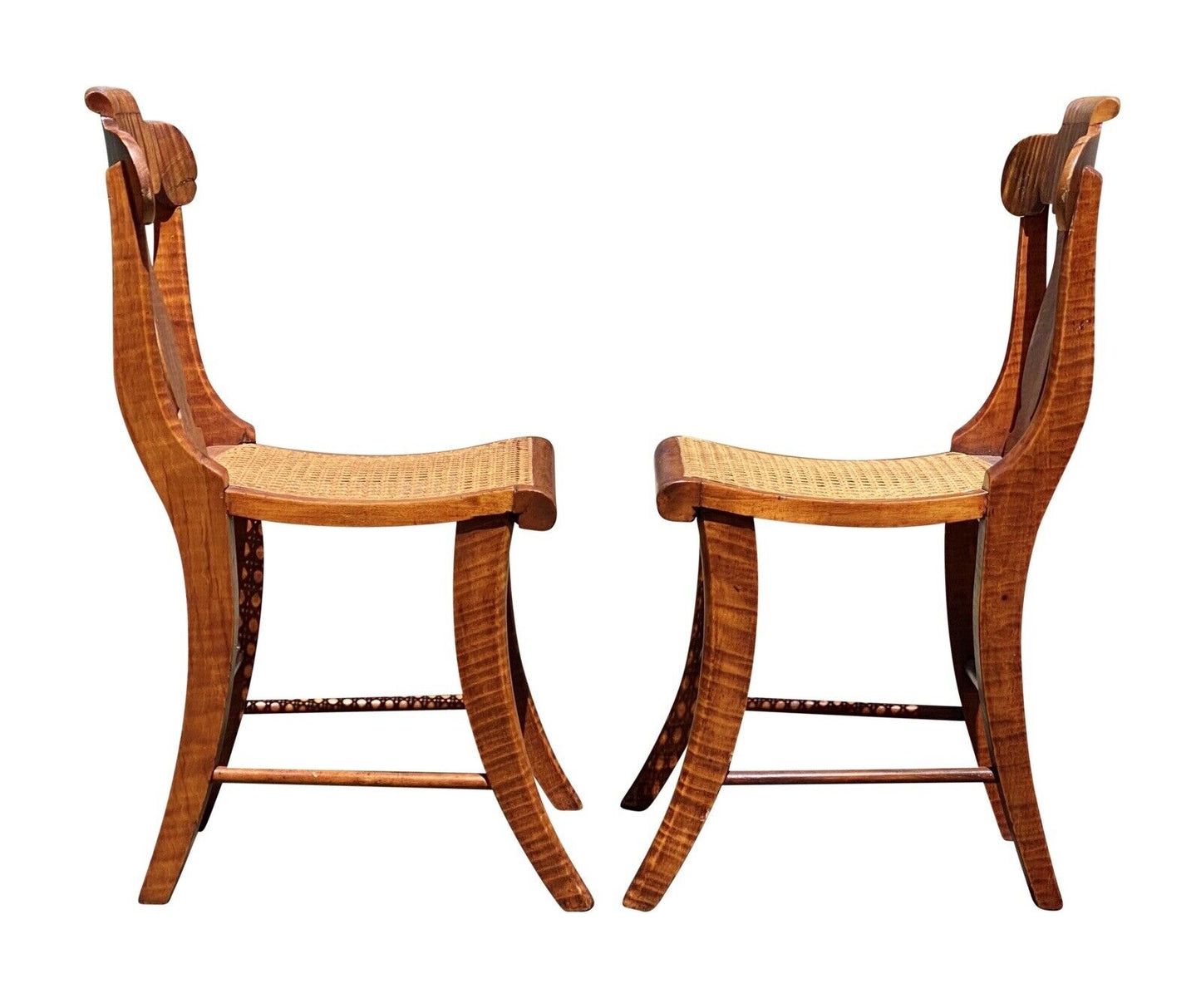 19TH C PAIR OF ANTIQUE FEDERAL PERIOD TIGER MAPLE SABER LEG CHAIRS - CURLY MAPLE