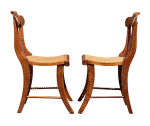 19TH C PAIR OF ANTIQUE FEDERAL PERIOD TIGER MAPLE SABER LEG CHAIRS - CURLY MAPLE