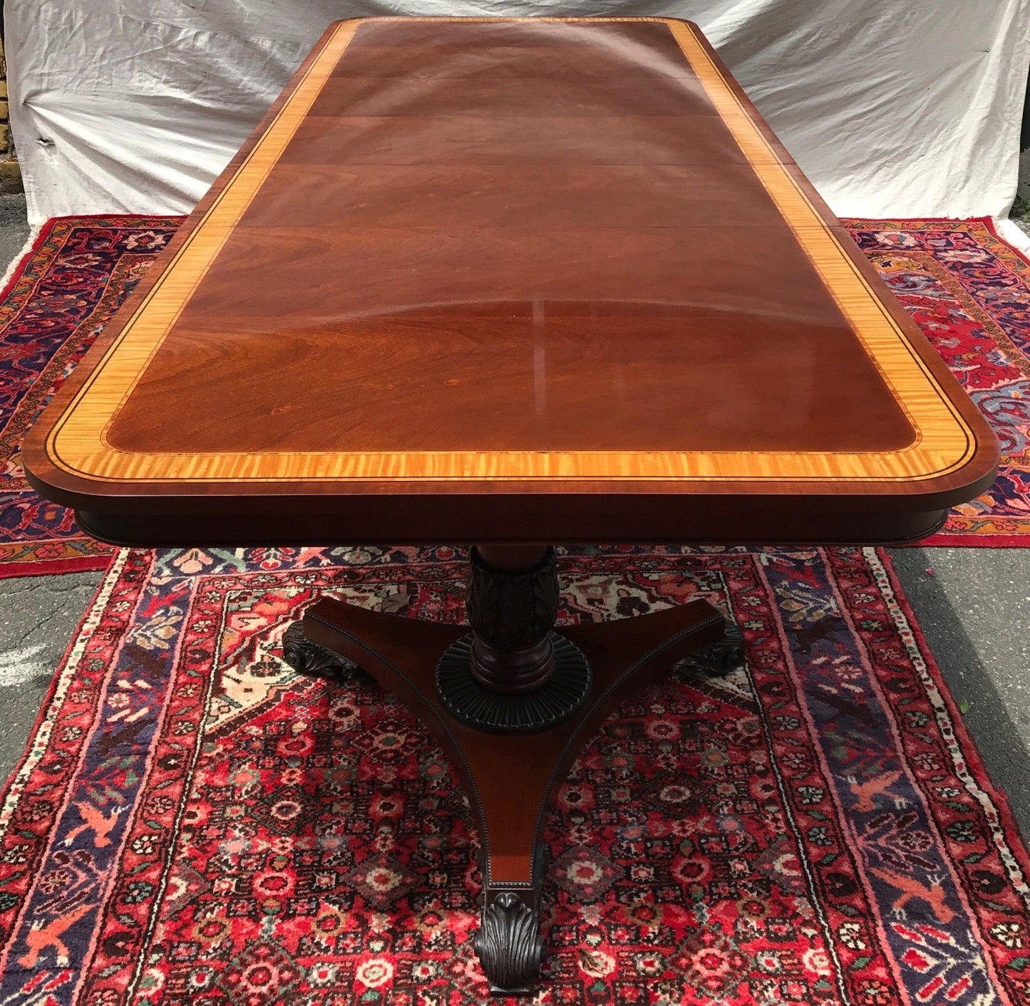 BAKER FURNITURE MAHOGANY SATINWOOD INLAID 10' TABLE ON CARVED PEDESTAL BASES