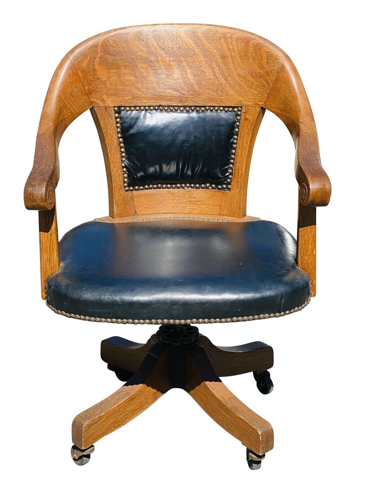 19TH C ANTIQUE VICTORIAN TIGER OAK LEATHER SEAT SWIVEL OFFICE DESK CHAIR