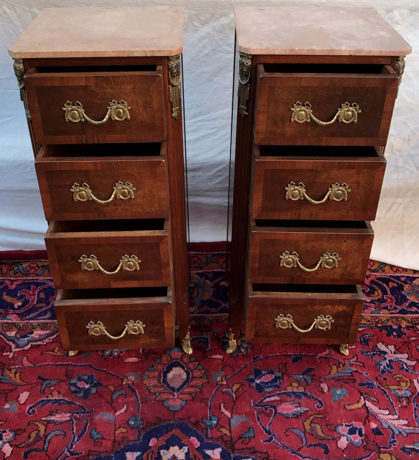 FINELY ADORNED PAIR OF FRENCH MARBLE TOPPED LINGERIE CHESTS WITH ORNAMENTATIONS