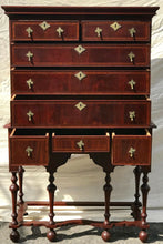 Load image into Gallery viewer, 18TH C MAHOGANY WILLIAM &amp; MARY HERRINGBONE INLAY ANTIQUE HIGHBOY DRESSER CHEST