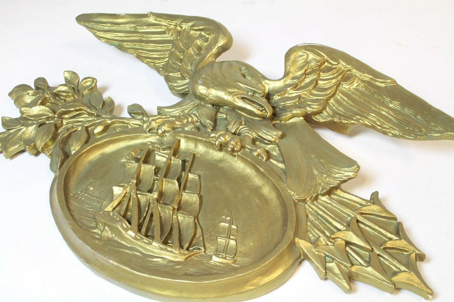 NAUTICAL LARGE PAIR OF GOLD GILT EAGLES OVER CLIPPERSHIP PLAQUES MERCANTILE