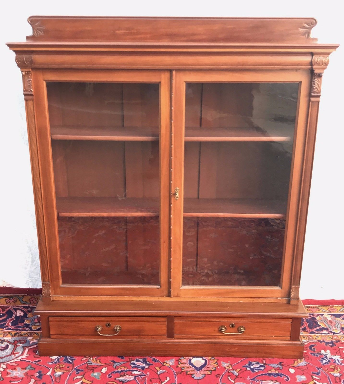 VICTORIAN WALNUT CARVED DOUBLE DOOR BOOKCASE ON 2 DRAWER BASE-SUPER FINE PIECE!