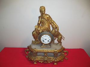 ANTIQUE HIGHLY GOLD GILT FRENCH CLOCK DEPICTING MAIDEN WITH WHIPPET - GLASS DOME