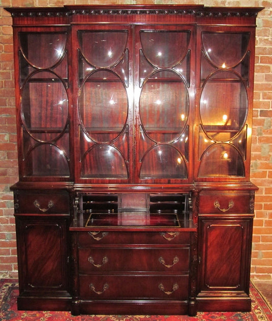 CHIPPENDALE STYLE MAHOGANY BUBBLE GLASS BREAKFRONT WITH BUTLER'S DESK